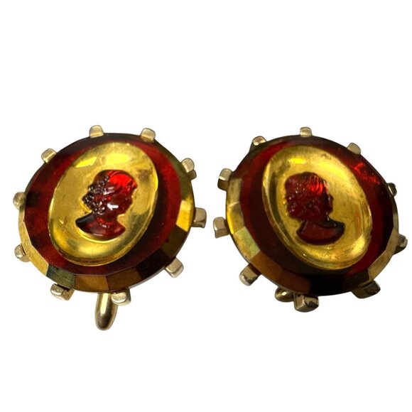Vintage Red & Gold-Tone Cameo Large Cufflinks Starburst Backplate - Picture 2 of 8